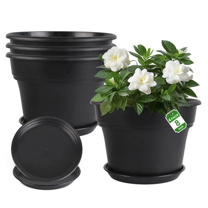 Myfeegoin 10-inch-Plant-Pots-Indoor-Outdoor, 4 Pack Plastic Planters with Drainage Holes & Saucers, Resin Flower Pots with Trays, Classic Garden Pot Container for House