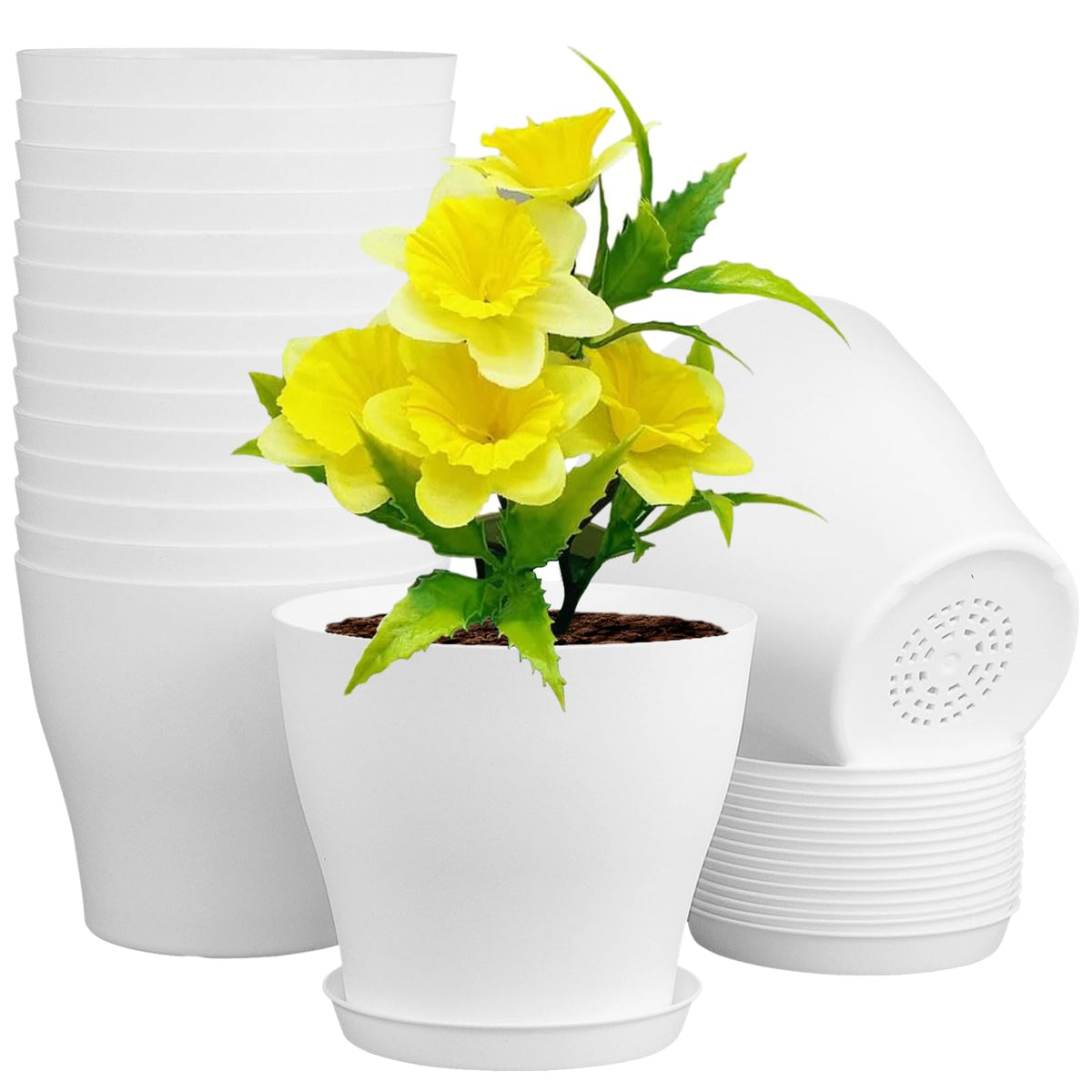 Meowell 4 inch Small Plastic Nursery Pots, 16 Pack Plant Pots for Indoor Outdoor Plants, Flower Pots with Drainage Holes and Saucers, Decorative Seedling Starter Planters for House Plants, Terracotta