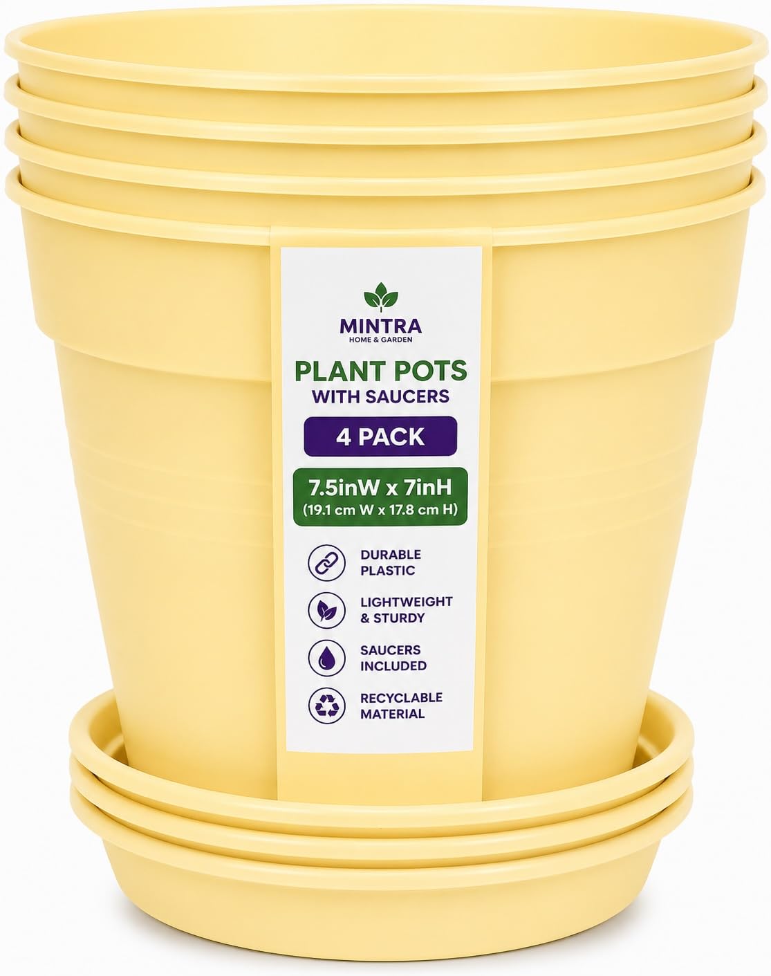 Mintra Garden Pots, 4 Pack Bulk Plastic Plant Pots with Drainage Tray, Round Indoor & Outdoor Decorative Planters with Drain Holes for Flowers, Herbs & Plants, 19cm Diameter – Fuchsia, 7.5in Wide