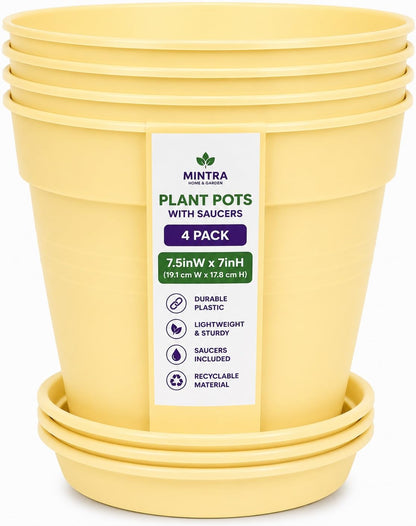 Mintra Garden Pots, 4 Pack Bulk Plastic Plant Pots with Drainage Tray, Round Indoor & Outdoor Decorative Planters with Drain Holes for Flowers, Herbs & Plants, 19cm Diameter – Fuchsia, 7.5in Wide