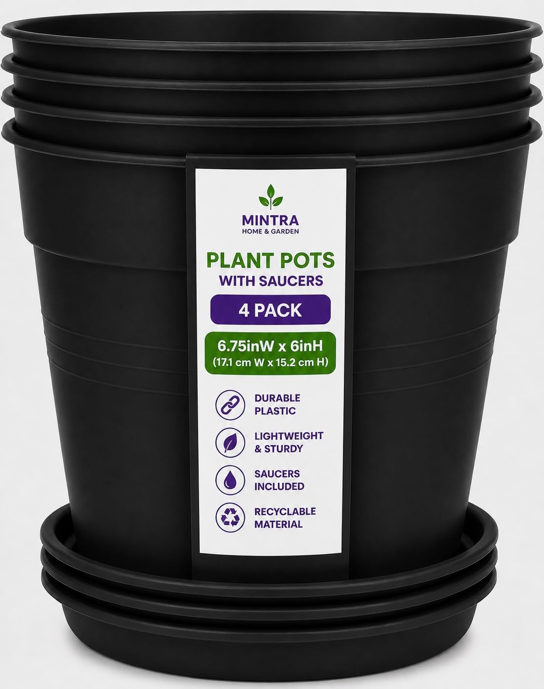 Mintra Garden Pots, 4 Pack Bulk Plastic Plant Pots with Drainage Tray, Round Indoor & Outdoor Decorative Planters with Drain Holes for Flowers, Herbs & Plants, 19cm Diameter – Fuchsia, 7.5in Wide