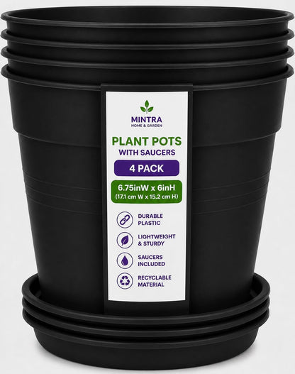 Mintra Garden Pots, 4 Pack Bulk Plastic Plant Pots with Drainage Tray, Round Indoor & Outdoor Decorative Planters with Drain Holes for Flowers, Herbs & Plants, 19cm Diameter – Fuchsia, 7.5in Wide