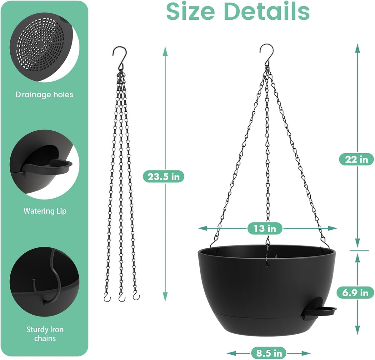 UOUZ 13 Inch 2 Pack Large Self Watering Hanging Planters for Indoor Outdoor Plants, Hanging Plant Pots with Removable 50 Oz Reservoir, Plastic Hanging Basket for Window Porch Garden Balcony, Black