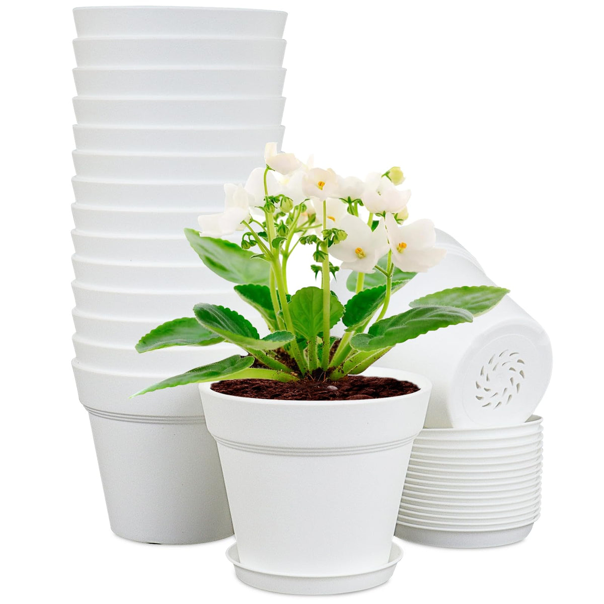 Meowell 4 inch Small Plastic Nursery Pots, 16 Pack Plant Pots for Indoor Outdoor Plants, Flower Pots with Drainage Holes and Saucers, Decorative Seedling Starter Planters for House Plants, Terracotta