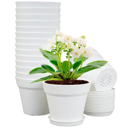 Meowell 4 inch Small Plastic Nursery Pots, 16 Pack Plant Pots for Indoor Outdoor Plants, Flower Pots with Drainage Holes and Saucers, Decorative Seedling Starter Planters for House Plants, Terracotta