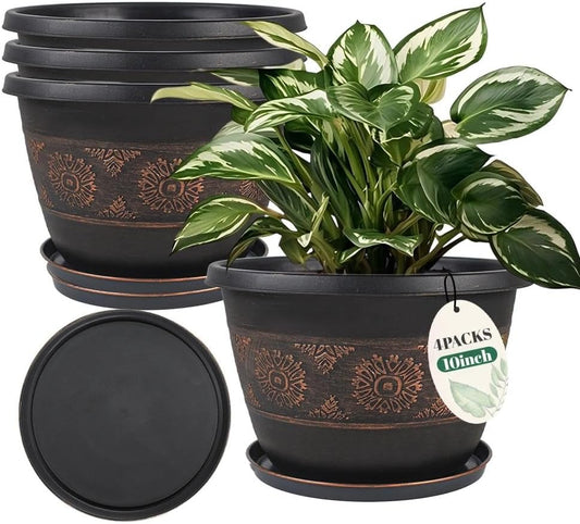 Usocik 10 Inch Plant Pots, 4 Pack, Copper Retro Floral