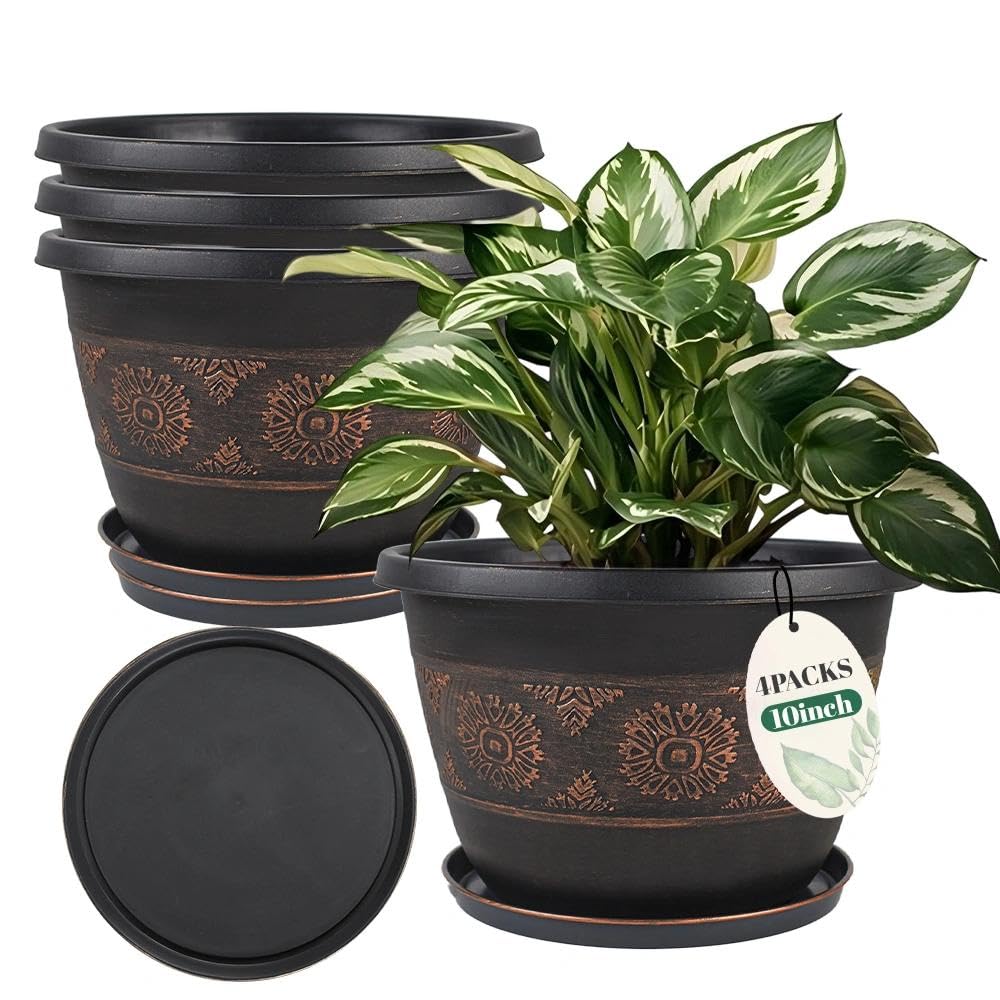 Usocik 10 Inch Plant Pots, 4 Pack, Copper Retro Floral