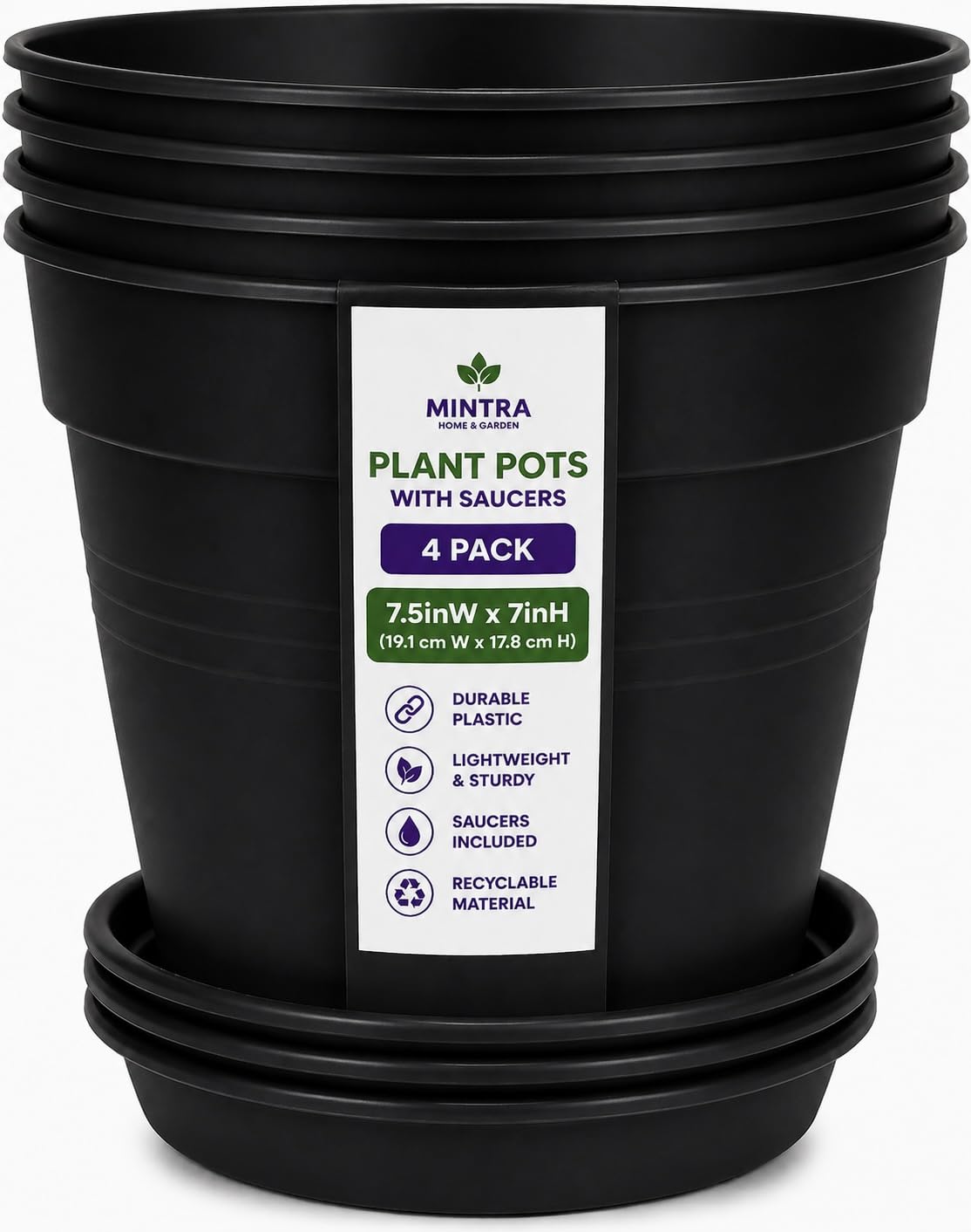 Mintra Garden Pots, 4 Pack Bulk Plastic Plant Pots with Drainage Tray, Round Indoor & Outdoor Decorative Planters with Drain Holes for Flowers, Herbs & Plants, 19cm Diameter – Fuchsia, 7.5in Wide