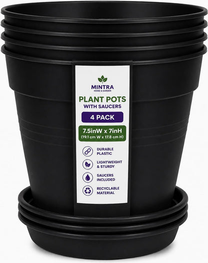 Mintra Garden Pots, 4 Pack Bulk Plastic Plant Pots with Drainage Tray, Round Indoor & Outdoor Decorative Planters with Drain Holes for Flowers, Herbs & Plants, 19cm Diameter – Fuchsia, 7.5in Wide
