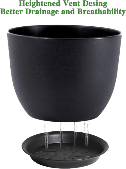 UOUZ 12inch Large Plant Pot, Modern Plastic Planter with High Driange Holes and Saucer for Indoor Outdoor Garden Plants and Flowers, Black