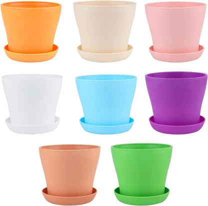 KINGLAKE 8 Pcs 4" Plastic Plant Flower Seedlings Nursery Pot/Pots Planter Colorful Flower Plant Container Seed Starting Pots with Pallet and Drainage Holes for Home Garden Flowers Plants,8 Colors