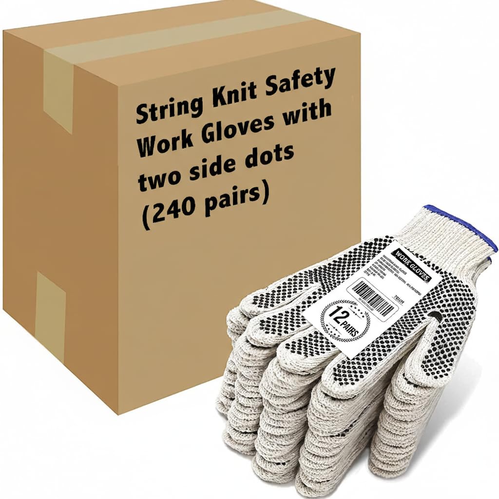 Evridwear Cotton Polyester String Knit Shell Safety Protection Work Gloves for Painter Mechanic Industrial Warehouse Gardening Construction Men & Women 12 Pairs, With Two Side dots, L Size