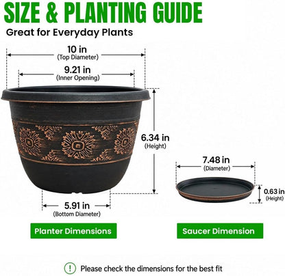 Usocik 10 Inch Plant Pots, 4 Pack, Copper Retro Floral