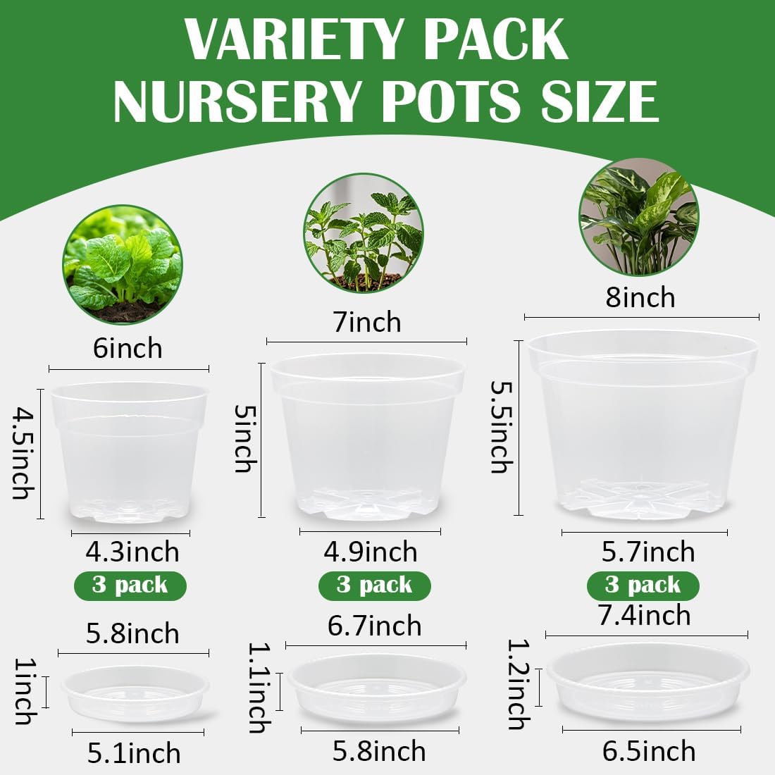9 Pack 8/7/6 Inch Clear Nursery Pots for Plants with Saucer, Transparent Plastic Plant Pots with Drainage Holes, Sturdy Seedling Starter Pot, Garden Planter Pot for Succulents Flowers Herb Vegetables