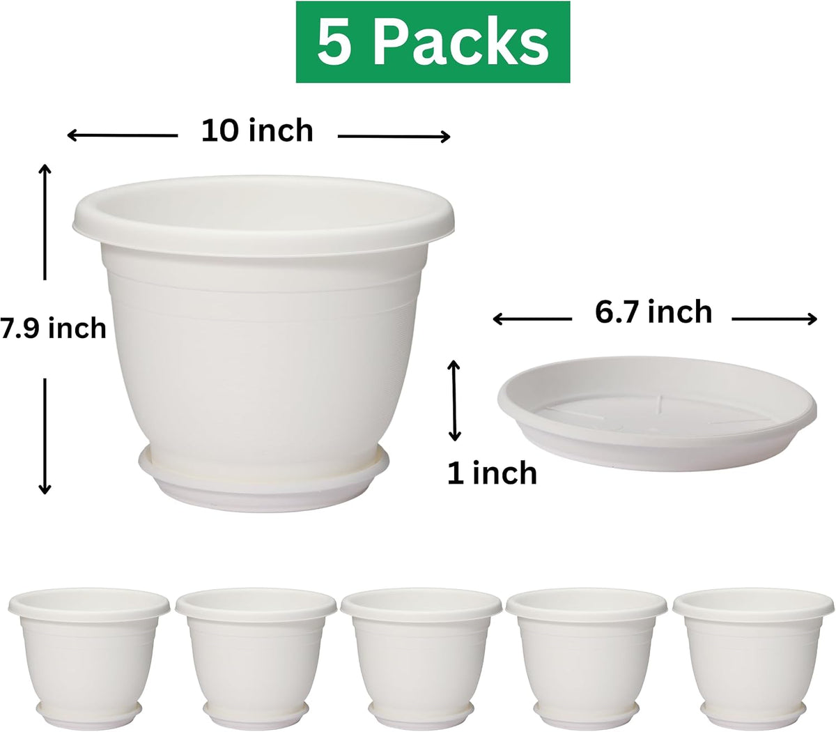 5 Packs 10 inch Flower Pots + Saucers, Large Indoor & Outdoor Pot