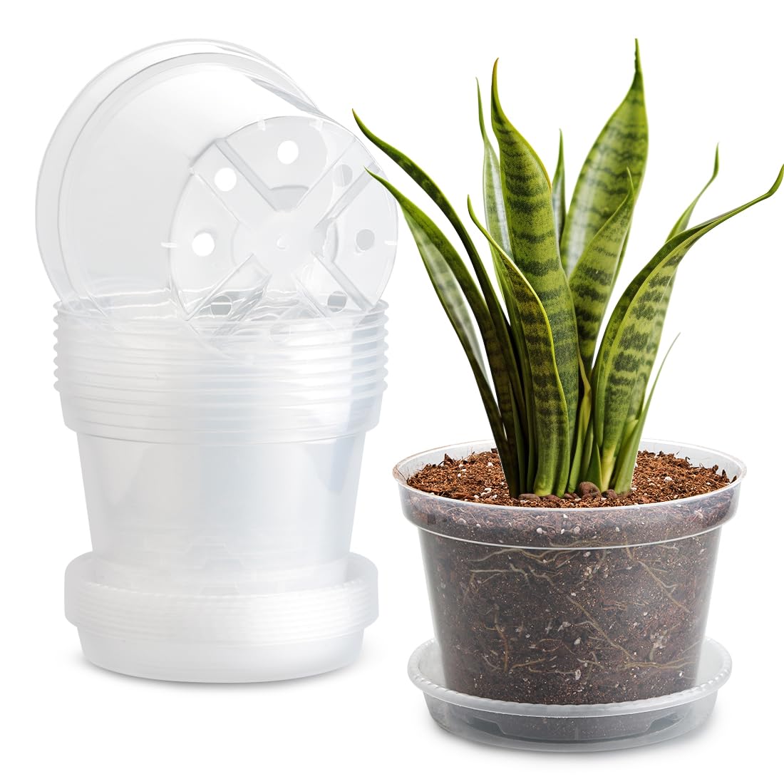 9 Pack 8/7/6 Inch Clear Nursery Pots for Plants with Saucer, Transparent Plastic Plant Pots with Drainage Holes, Sturdy Seedling Starter Pot, Garden Planter Pot for Succulents Flowers Herb Vegetables