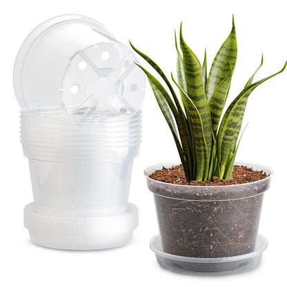 9 Pack 8/7/6 Inch Clear Nursery Pots for Plants with Saucer, Transparent Plastic Plant Pots with Drainage Holes, Sturdy Seedling Starter Pot, Garden Planter Pot for Succulents Flowers Herb Vegetables