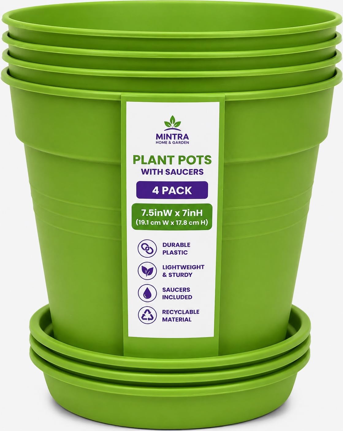 Mintra Garden Pots, 4 Pack Bulk Plastic Plant Pots with Drainage Tray, Round Indoor & Outdoor Decorative Planters with Drain Holes for Flowers, Herbs & Plants, 19cm Diameter – Fuchsia, 7.5in Wide