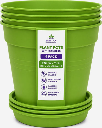 Mintra Garden Pots, 4 Pack Bulk Plastic Plant Pots with Drainage Tray, Round Indoor & Outdoor Decorative Planters with Drain Holes for Flowers, Herbs & Plants, 19cm Diameter – Fuchsia, 7.5in Wide