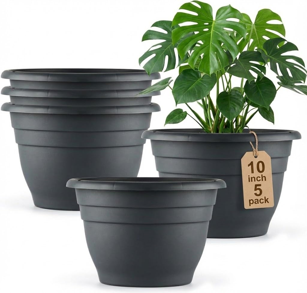 RooTrimmer 5 Pack 10 Inch Plant Pots Lightweight Planters with Drainage Holes,Durable Indoor & Outdoor Flower Pots for Garden,Patio & Home Decor(Pottery Red)