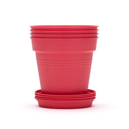 Mintra Garden Pots, 4 Pack Bulk Plastic Plant Pots with Drainage Tray, Round Indoor & Outdoor Decorative Planters with Drain Holes for Flowers, Herbs & Plants, 19cm Diameter – Fuchsia, 7.5in Wide