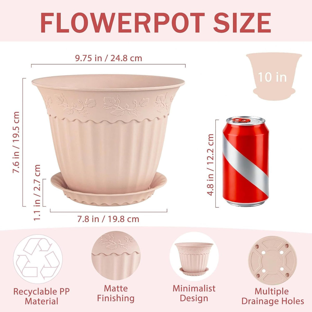 ZMTECH 6 Pack 10 Inch Plant Pots with Saucers, Blush Pink Planters