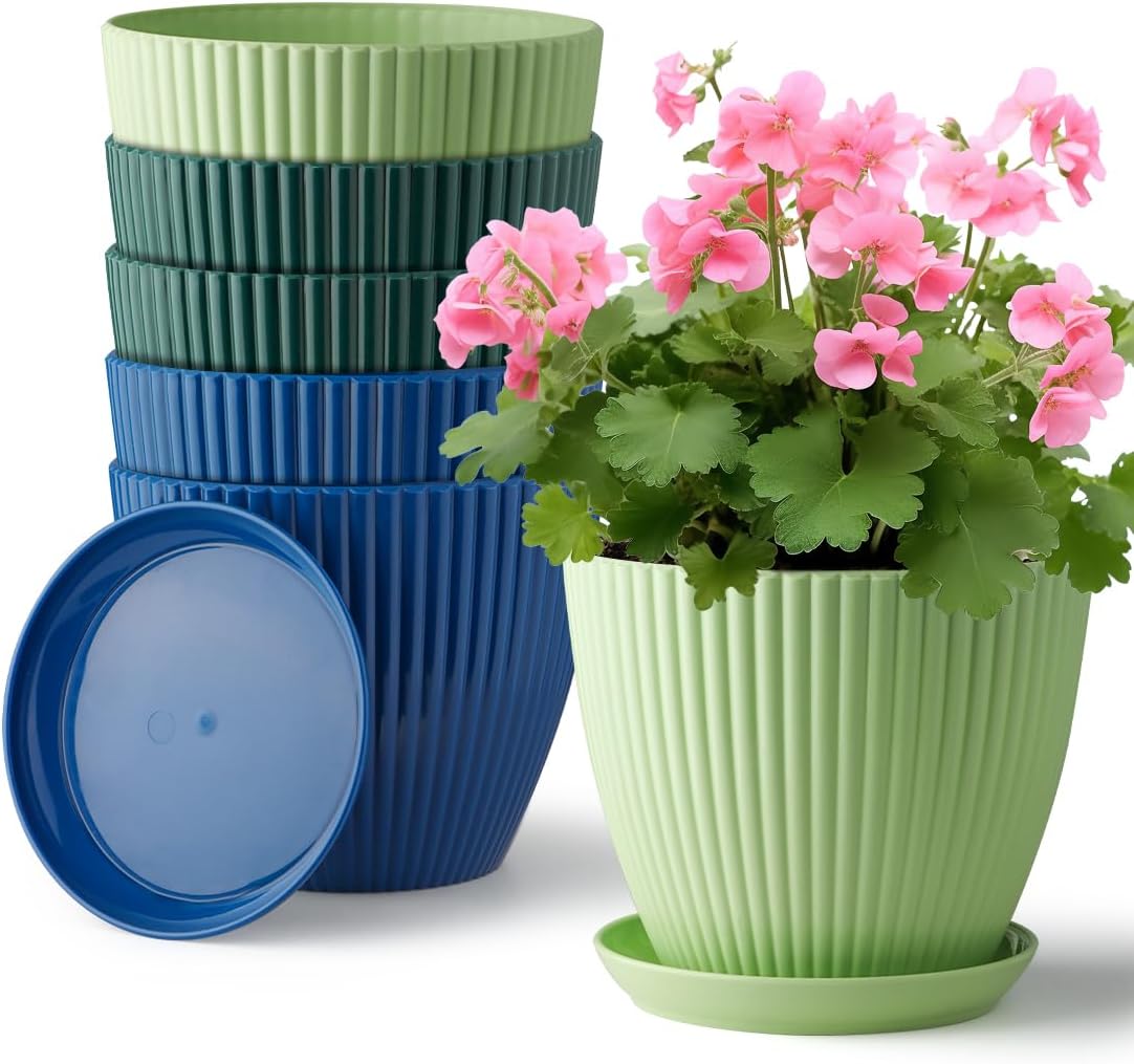 RooTrimmer 7.5 Inch Plastic Pots, 6 Pack with Drain Holes & Saucers