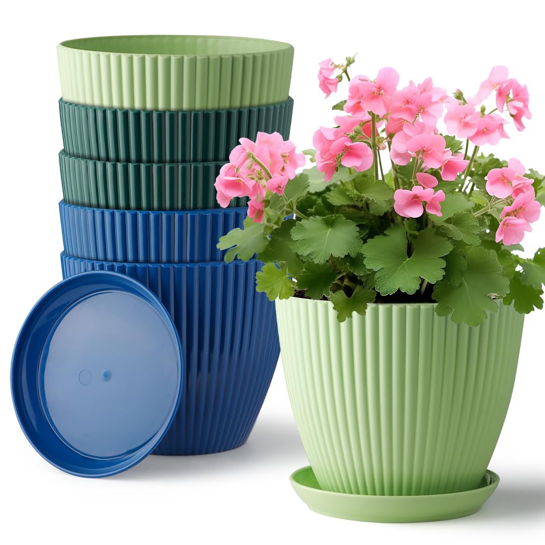 RooTrimmer 7.5 Inch Plastic Pots, 6 Pack with Drain Holes & Saucers