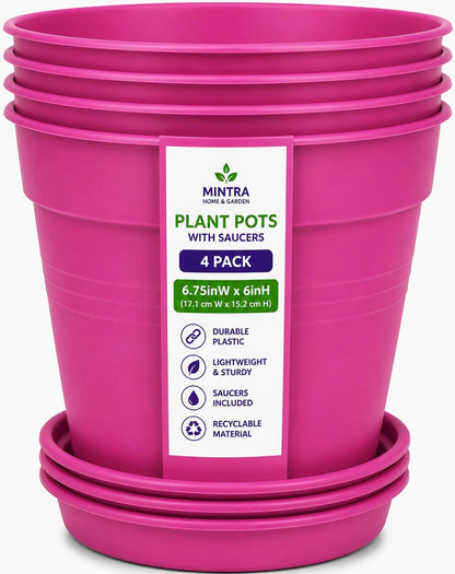 Mintra Garden Pots, 4 Pack Bulk Plastic Plant Pots with Drainage Tray, Round Indoor & Outdoor Decorative Planters with Drain Holes for Flowers, Herbs & Plants, 19cm Diameter – Fuchsia, 7.5in Wide