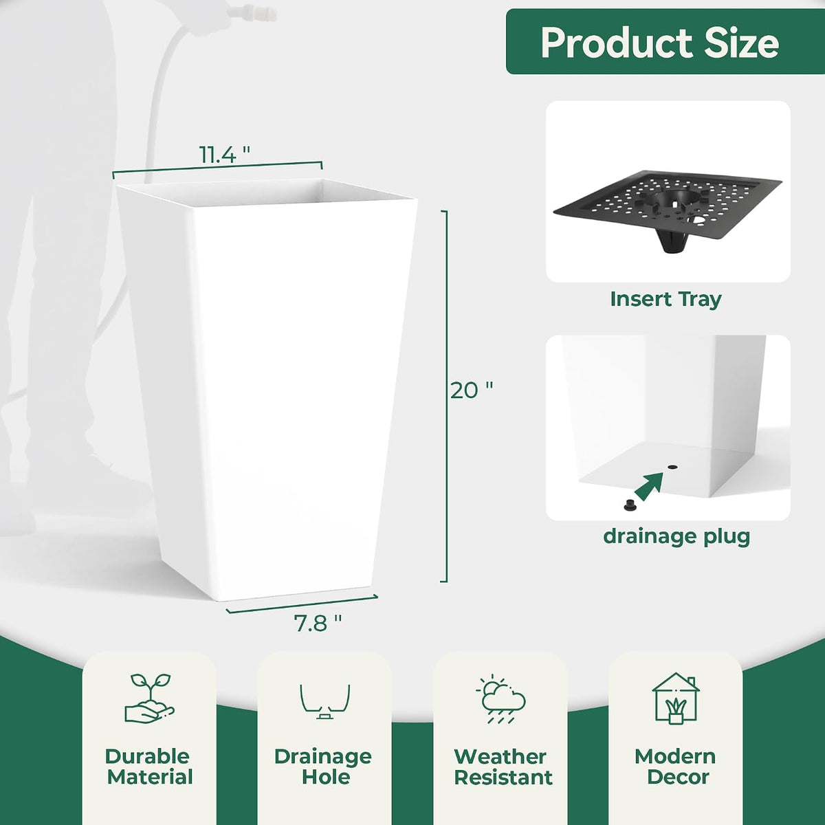 Worth Garden 20" White Plant Pots Tall Flower Pots Set of 2 Planters