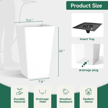 Worth Garden 20" White Plant Pots Tall Flower Pots Set of 2 Planters