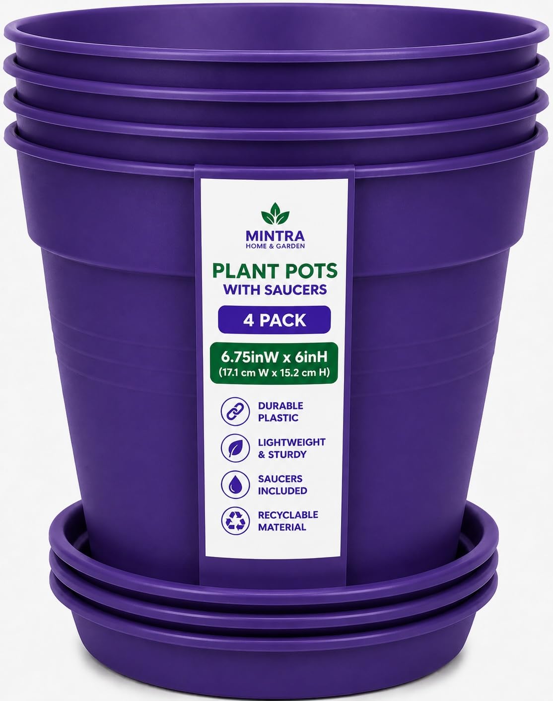 Mintra Garden Pots, 4 Pack Bulk Plastic Plant Pots with Drainage Tray, Round Indoor & Outdoor Decorative Planters with Drain Holes for Flowers, Herbs & Plants, 19cm Diameter – Fuchsia, 7.5in Wide