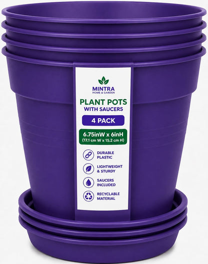 Mintra Garden Pots, 4 Pack Bulk Plastic Plant Pots with Drainage Tray, Round Indoor & Outdoor Decorative Planters with Drain Holes for Flowers, Herbs & Plants, 19cm Diameter – Fuchsia, 7.5in Wide