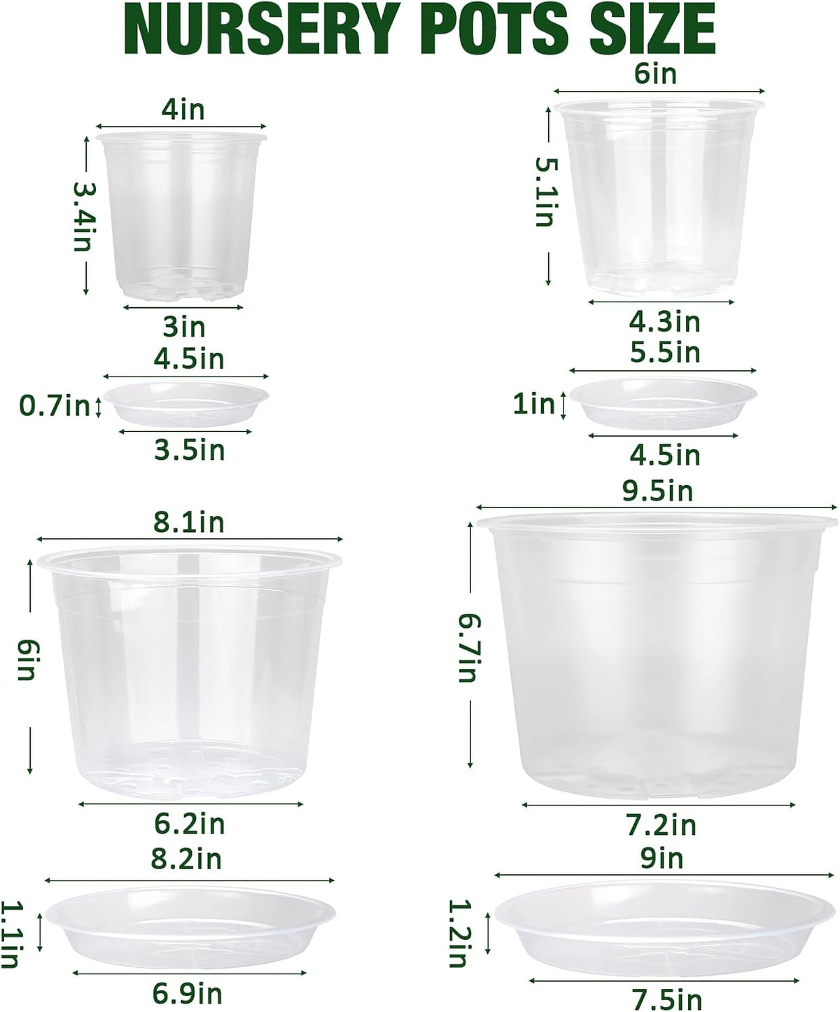10/8/6/4 Inch Clear Nursery Pots with Drainage Holes and Saucers, 12 Pack Large Clear Pots for Plants Variety Pack, Plastic Nursery Pots for Succulents, Seedings, Herbs, Flowers, Vegetables