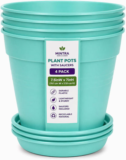 Mintra Garden Pots, 4 Pack Bulk Plastic Plant Pots with Drainage Tray, Round Indoor & Outdoor Decorative Planters with Drain Holes for Flowers, Herbs & Plants, 19cm Diameter – Fuchsia, 7.5in Wide