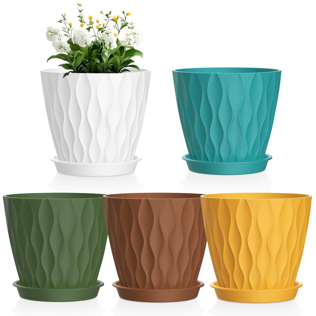 Meowell 7/6.5/6/5.5/5/4.5/4 inch Plant Pots for Indoor Outdoor Plants, 7 Pack Thick Flower Pots with Drainage Holes and Saucers, Modern Wave Texture Small Plastic Planters Nursery Pots, Multicolor