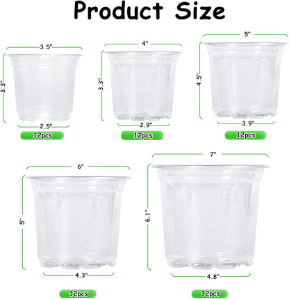 JNYONG 60 Pack 3.5/4/5/6/7 Inch Clear Nursery Pots with Drainage Hole