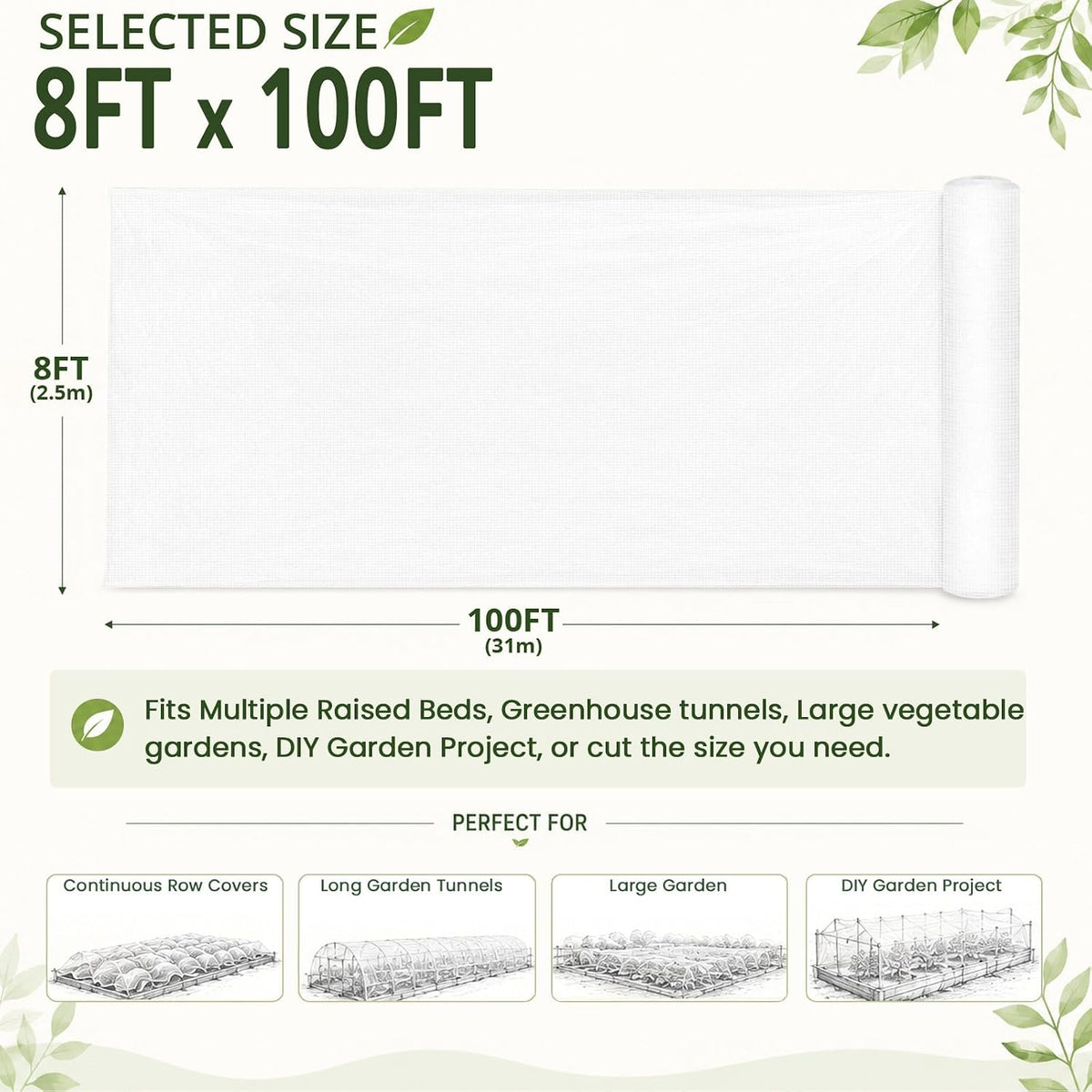 Roll Packed 8x100FT Garden Netting, Fine Mesh Insect Barrier for Plants