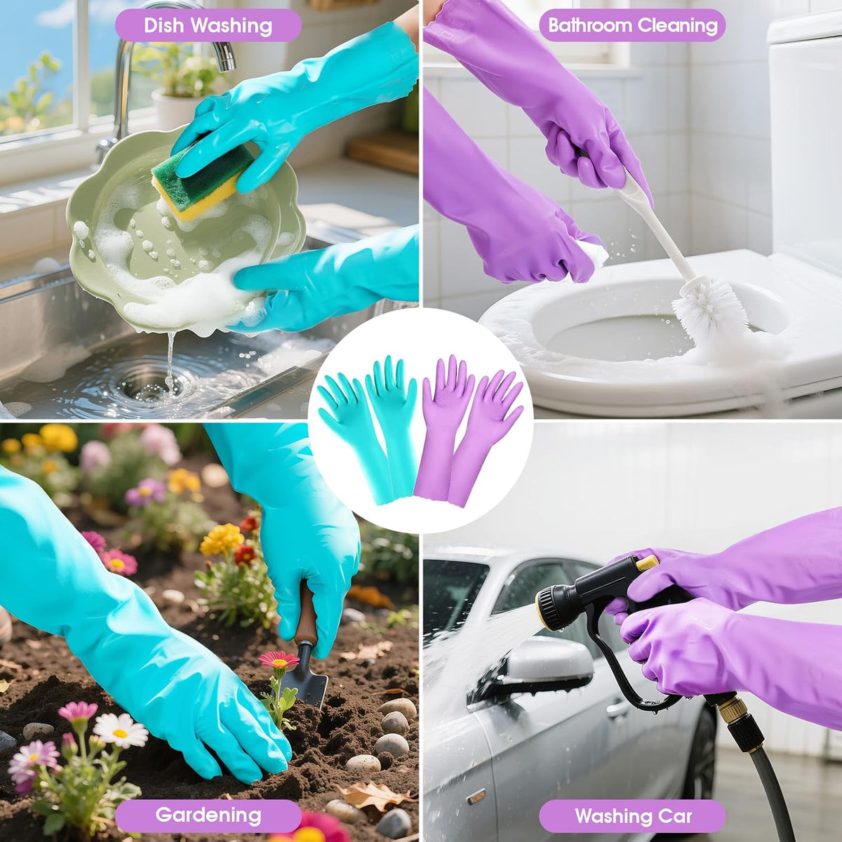 Elgood Reusable Dishwashing Cleaning Gloves with Latex free, Cotton lining,Kitchen Gloves 2 Pairs,Purple+blue Medium