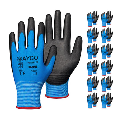 KAYGO Safety Work Gloves for Men Women, PU Coated Palm & Fingers, KG11P