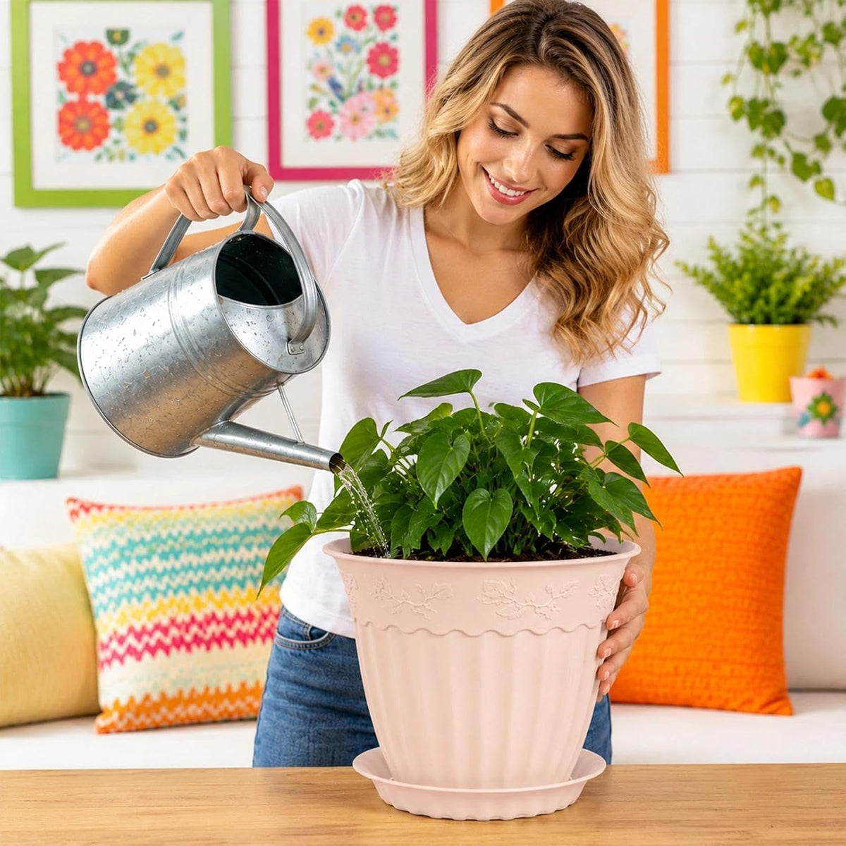 ZMTECH 6 Pack 10 Inch Plant Pots with Saucers, Blush Pink Planters