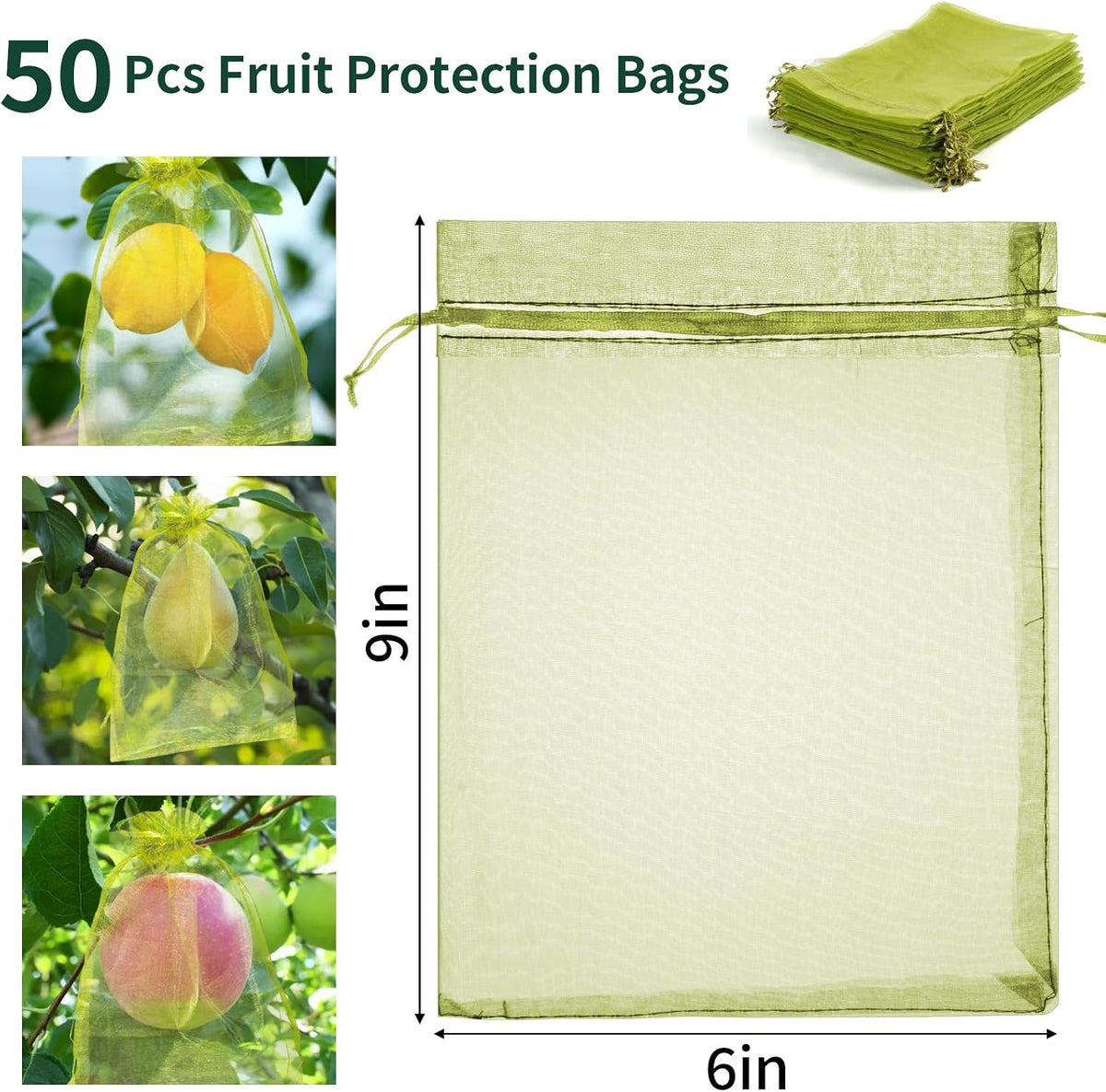50 Pcs Fruit Protection Bags, 6×9 in Mesh Cover Nets for Tree, Green