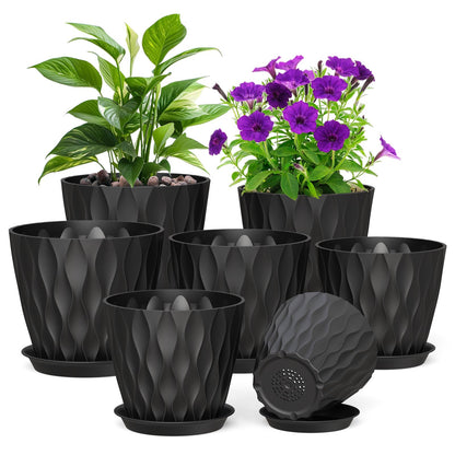 Meowell 7/6.5/6/5.5/5/4.5/4 inch Plant Pots for Indoor Outdoor Plants, 7 Pack Thick Flower Pots with Drainage Holes and Saucers, Modern Wave Texture Small Plastic Planters Nursery Pots, Multicolor