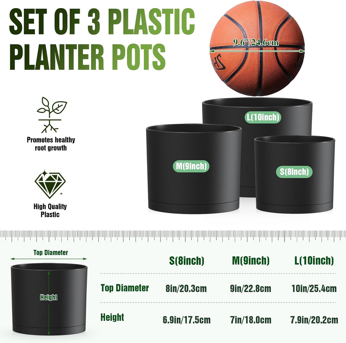 10/9/8 Inch Plant Pots 3 Pack, with Drainage Hole & Saucers