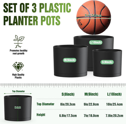 10/9/8 Inch Plant Pots 3 Pack, with Drainage Hole & Saucers