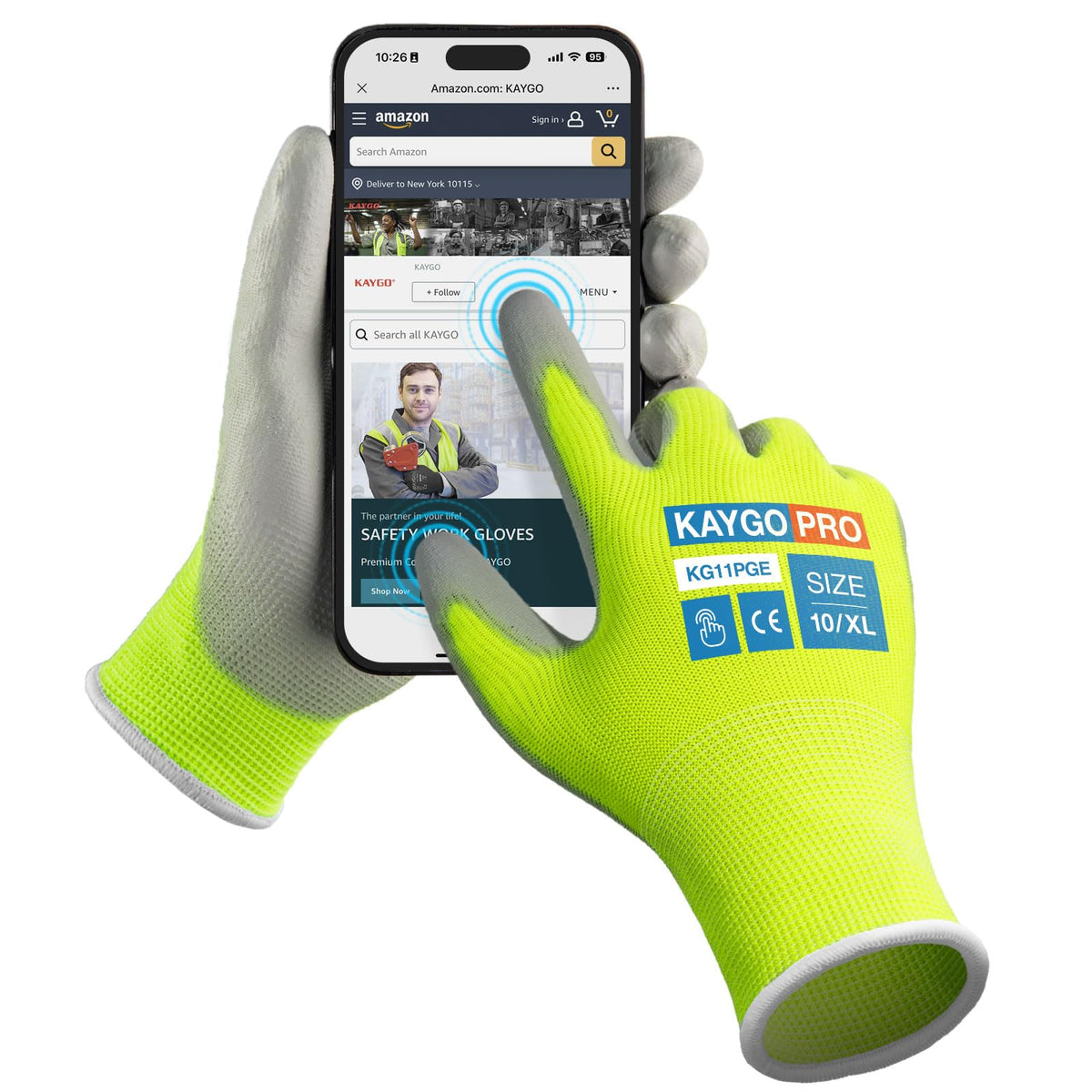KAYGO Safety Work Gloves for Men Women, PU Coated Palm & Fingers, KG11P
