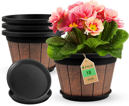 Quarut 4 Pack 10 inch Plant Pots,Whiskey Barrel Planters for Indoor Outdoor