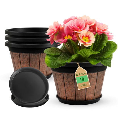 Quarut 4 Pack 10 inch Plant Pots,Whiskey Barrel Planters for Indoor Outdoor