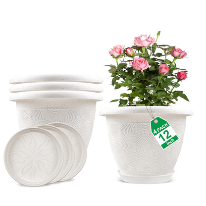 Fodetyff 8 Inch Flower Pots Planters for Indoor Outdoor Plants, 4 Pack Plastic Small Plant Pots with Drainage Hole & Tray, Modern Decorative Garden Pot with Saucer, Plant Container for House