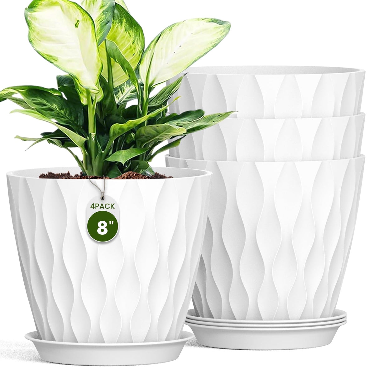 8 Inch Plant Pots 4 Pack Plastic Planters with Drainage & Saucers